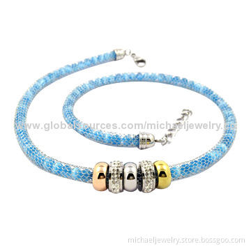 Stainless steel necklaces, light blue opal beads and crystal PP stones, rose gold and gold plating